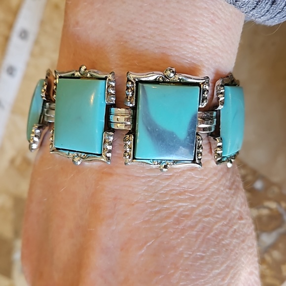 karu Jewelry - KARU Arke Signed Faux Turquoise Silver Tone Bracelet